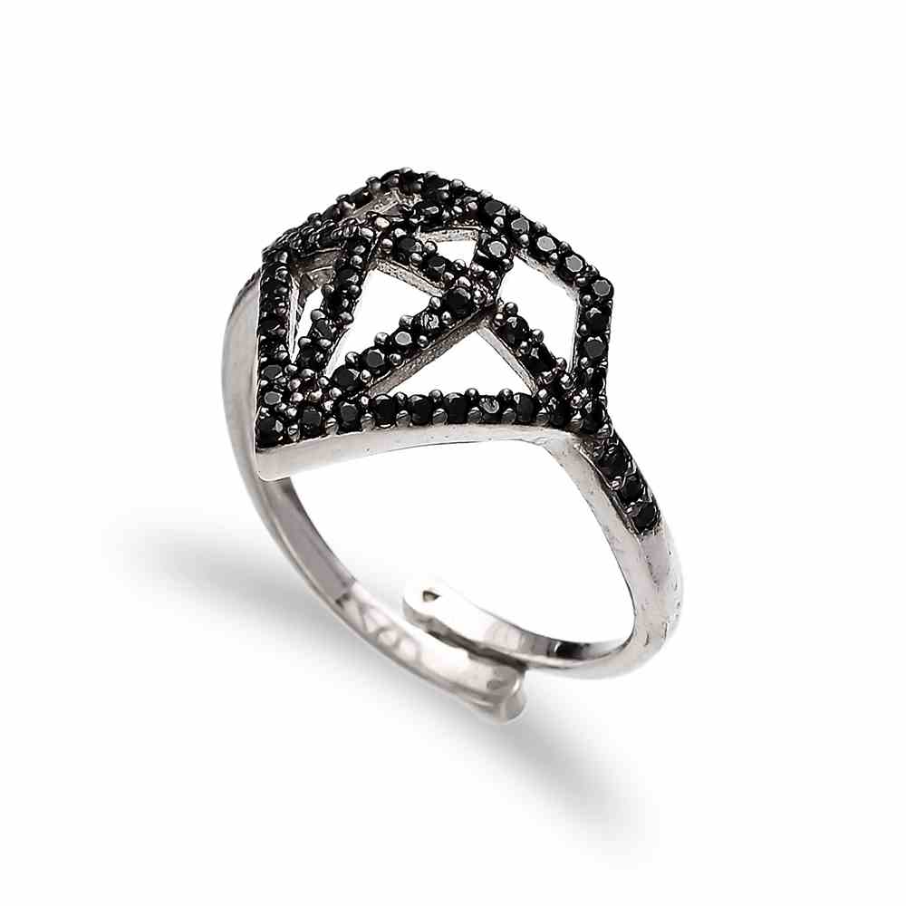 Black Zircon Diamond Shape Adjustable Ring Turkish Handcrafted Wholesale 925 Sterling Silver Jewelry